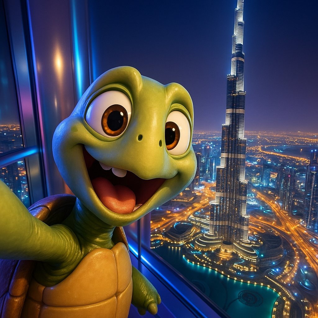 Tower-Top Turtle Selfie — Cartoon Fun in Dubai