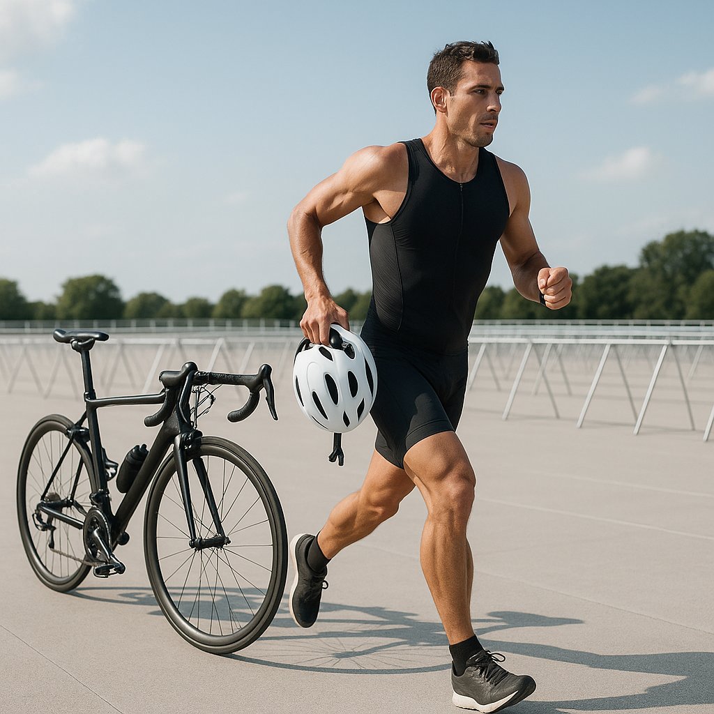 Triathlon Transition: Athlete Jogging to Run with Helmet in Hand