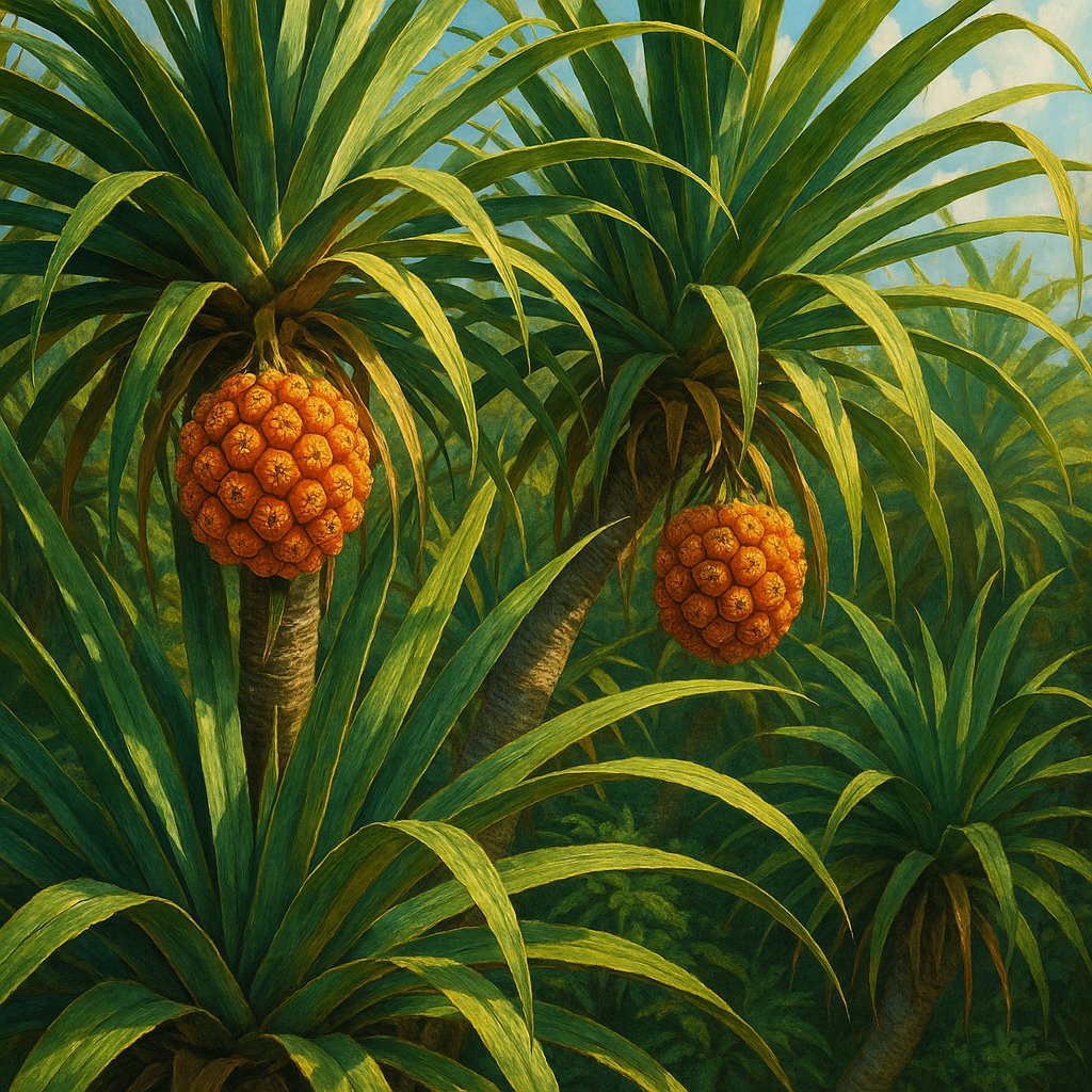 Tropical Pandanus Grove with Orange Fruit Clusters