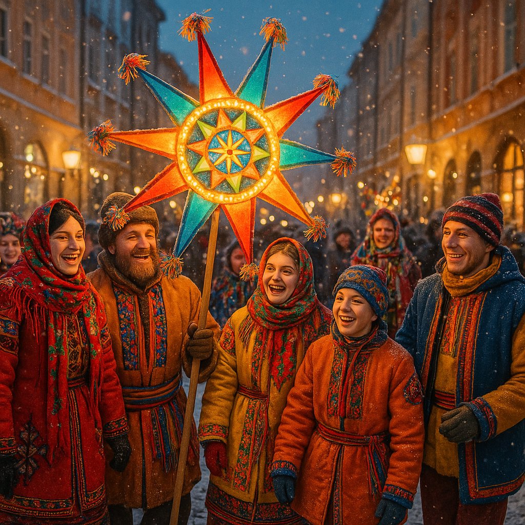 Ukrainian Christmas Star Parade — Joyful Winter Carolers with Glowing Star