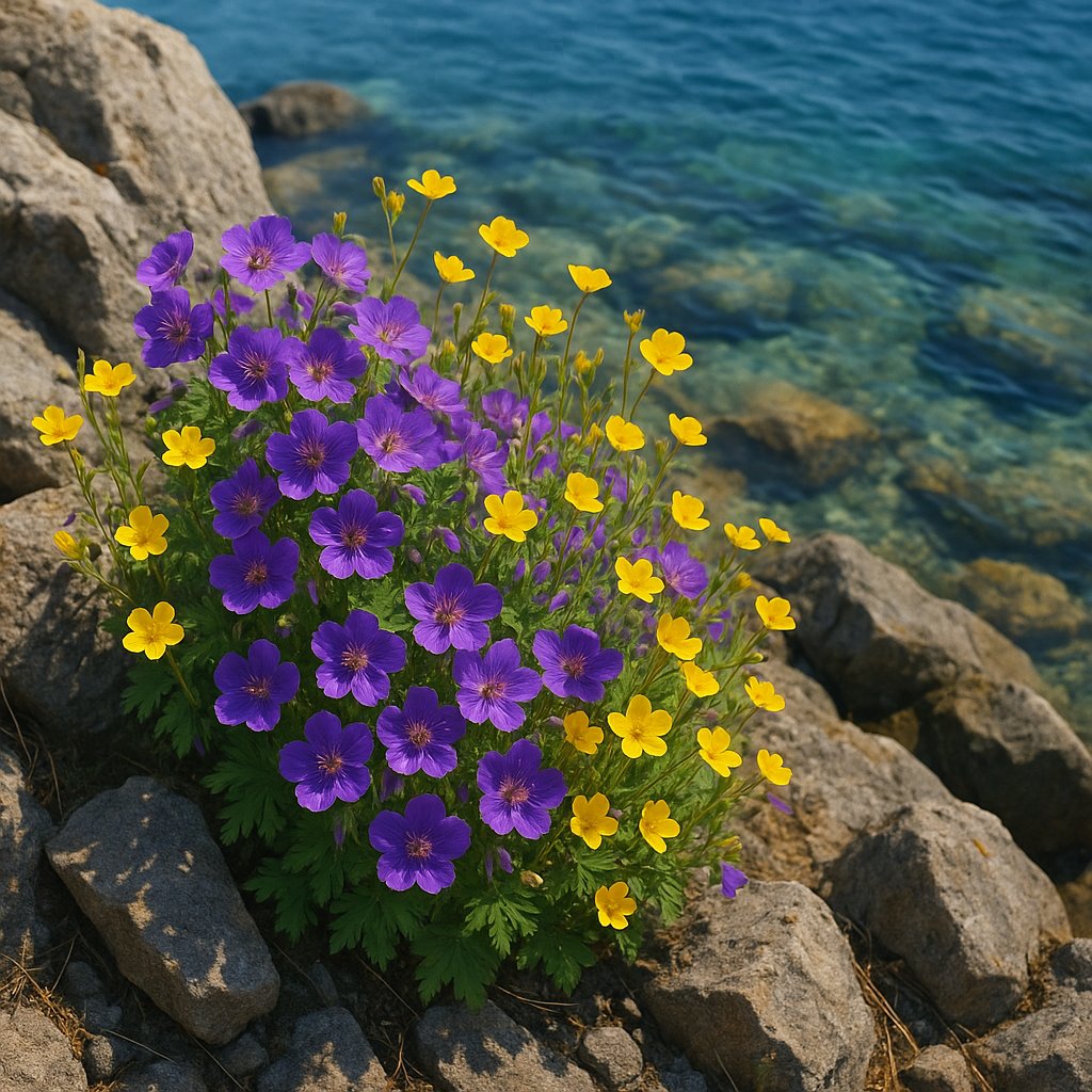 Vibrant Baikal Wildflowers on Rocky Shore
