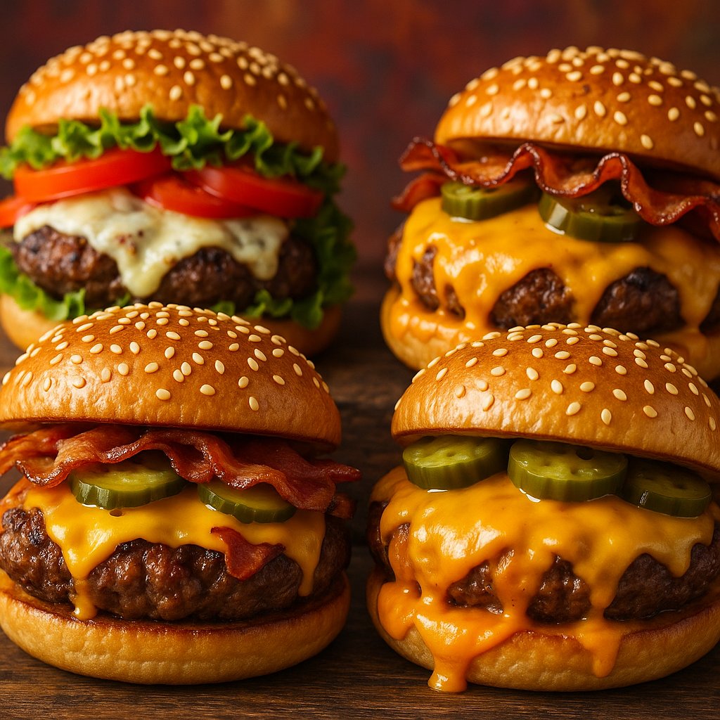 Vibrant Wagyu Burger Feast with Melted Cheese & Bacon