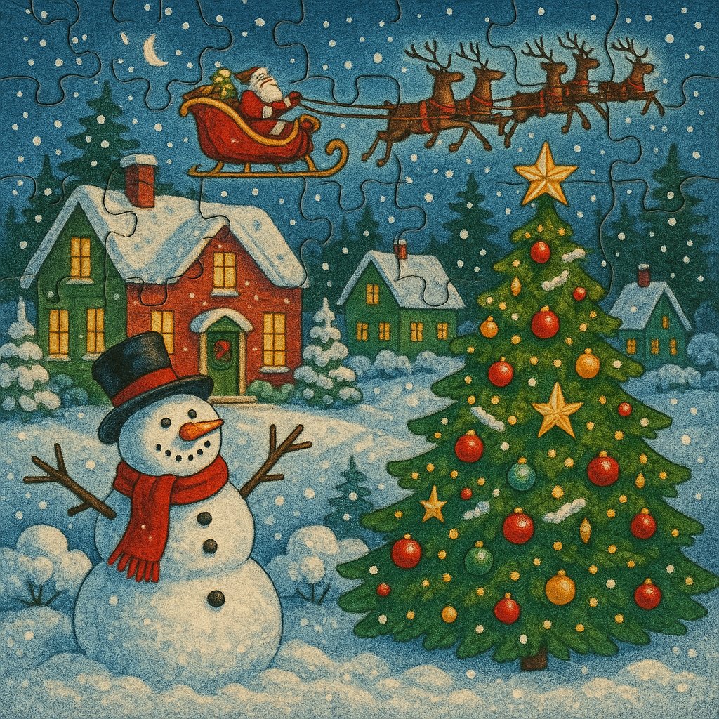 Vintage Christmas Eve — Snowman, Tree & Santa's Sleigh