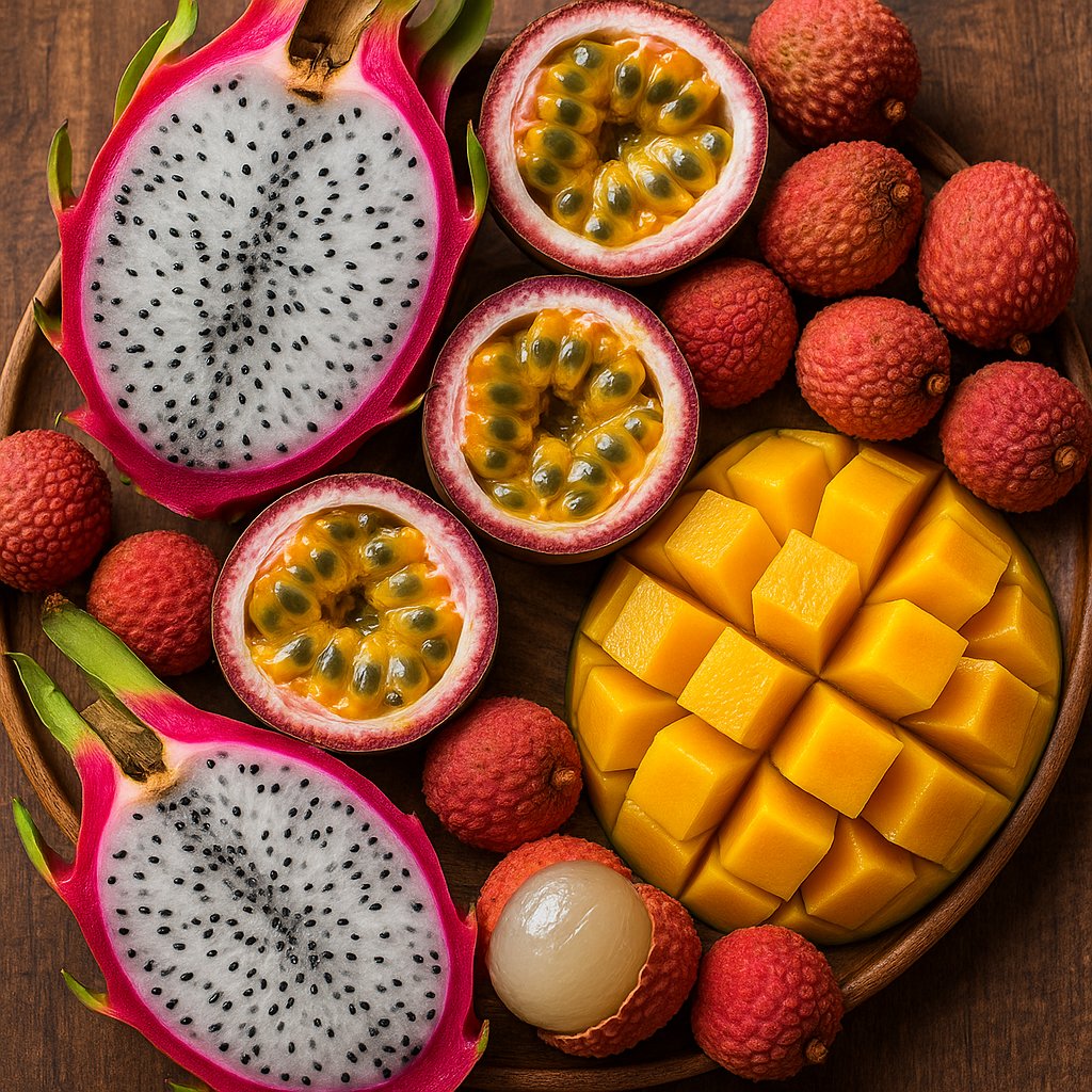 Vivid Tropical Fruit Platter — Dragon Fruit, Passion Fruit, Mango & Lychee