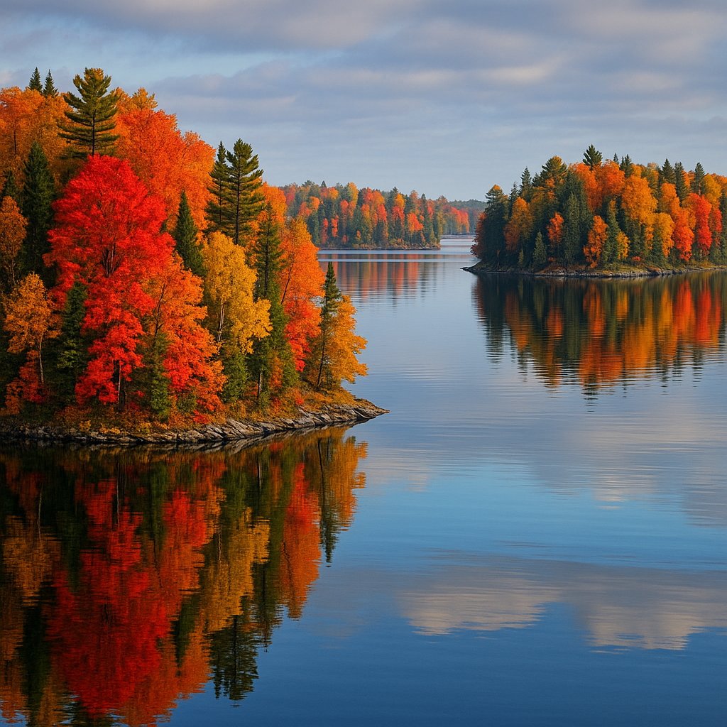Voyageurs in Flame: Peak Fall Foliage Over Mirror Lake