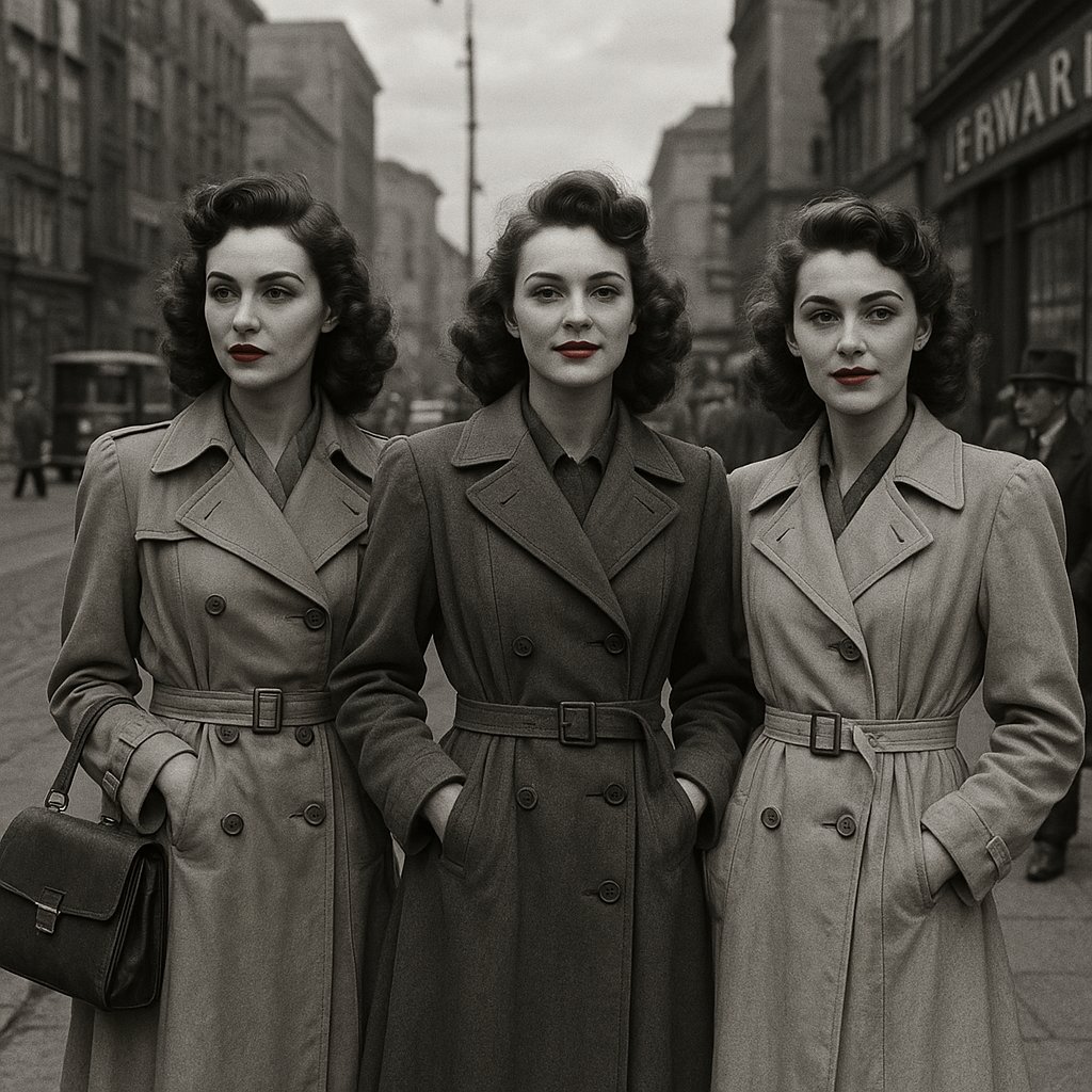 Wartime Elegance: Three Women in Trench Coats, 1940s Street