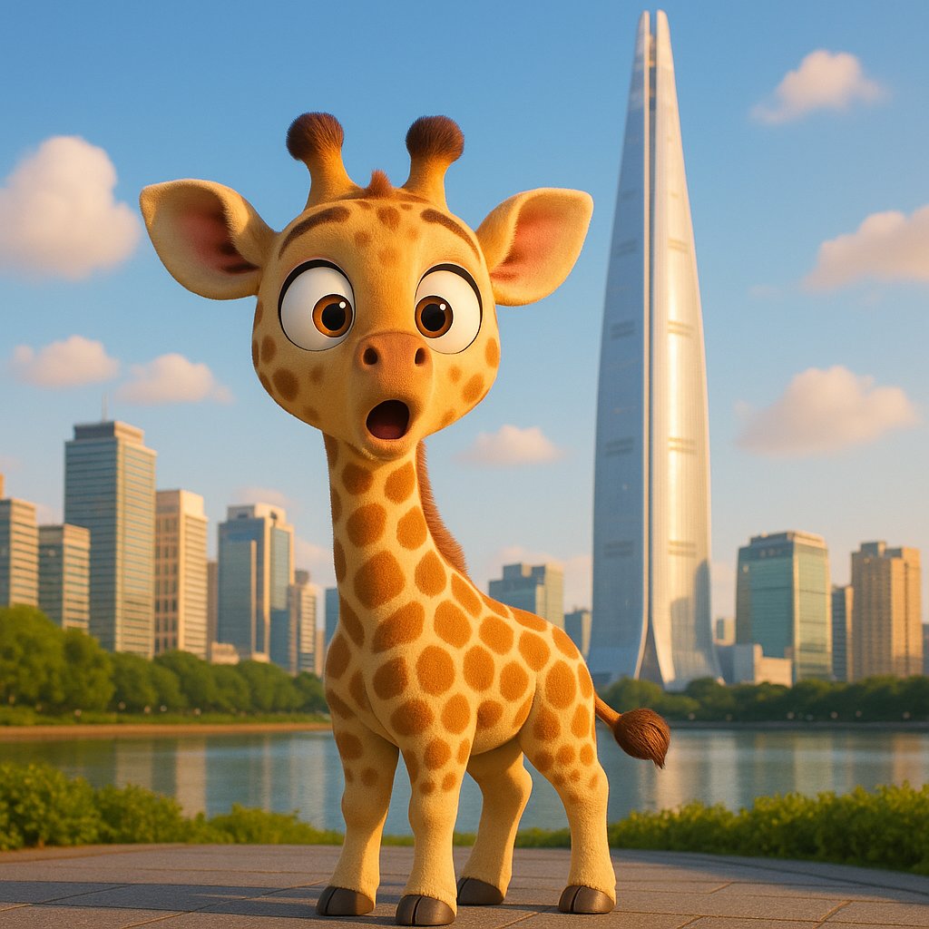 Wide-Eyed Giraffe Calf at Lotte World Tower