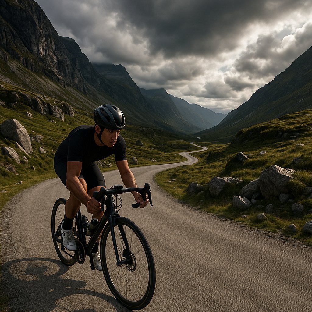 Winding Ascent: Solo Triathlon Cyclist in Mountain Valley