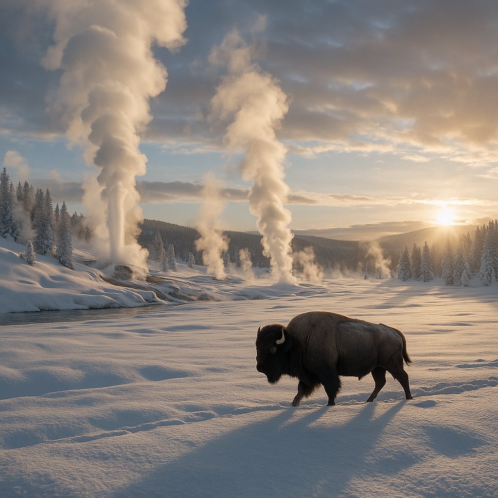 Winter Dawn in Yellowstone: Bison Among Steaming Geysers
