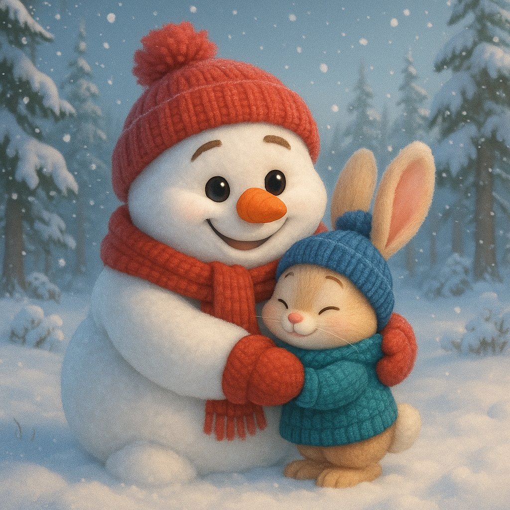 Winter Hug: Snowman and Bunny in a Snowy Clearing