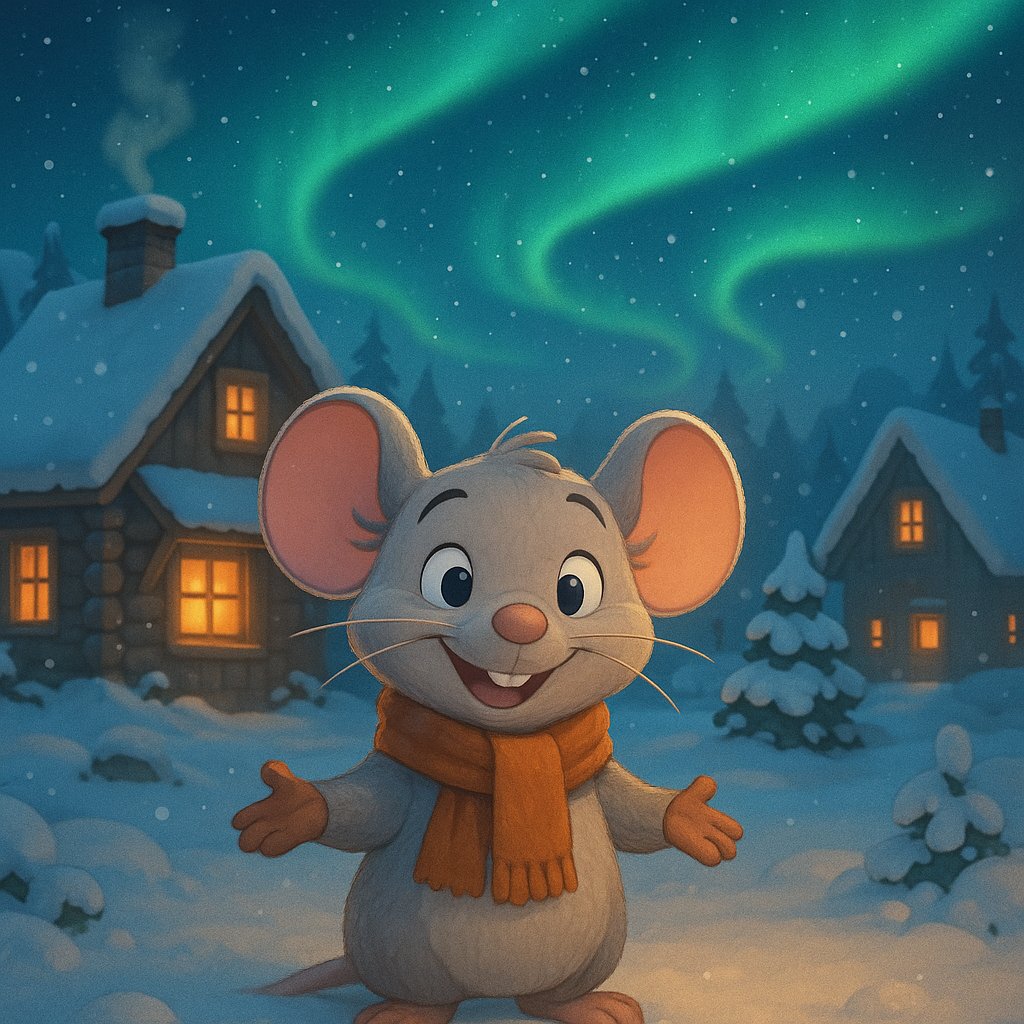 Winter Welcome: Cheerful Mouse Under the Northern Lights