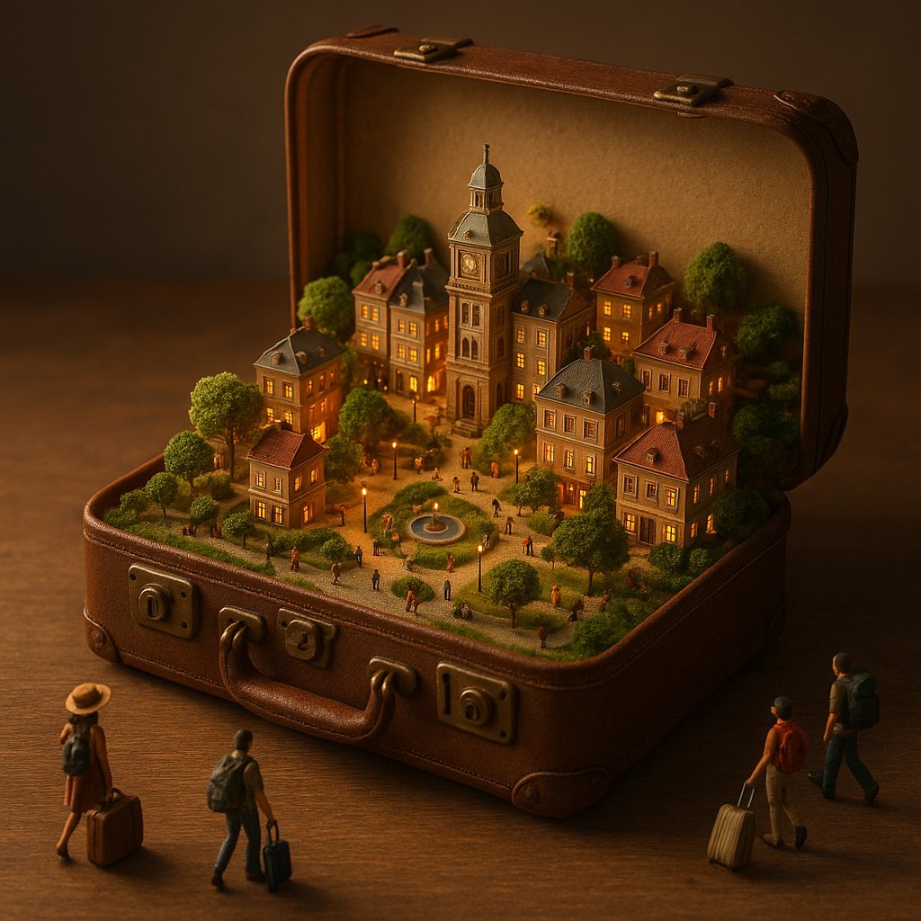 Carried City: A Suitcase Village at Dusk