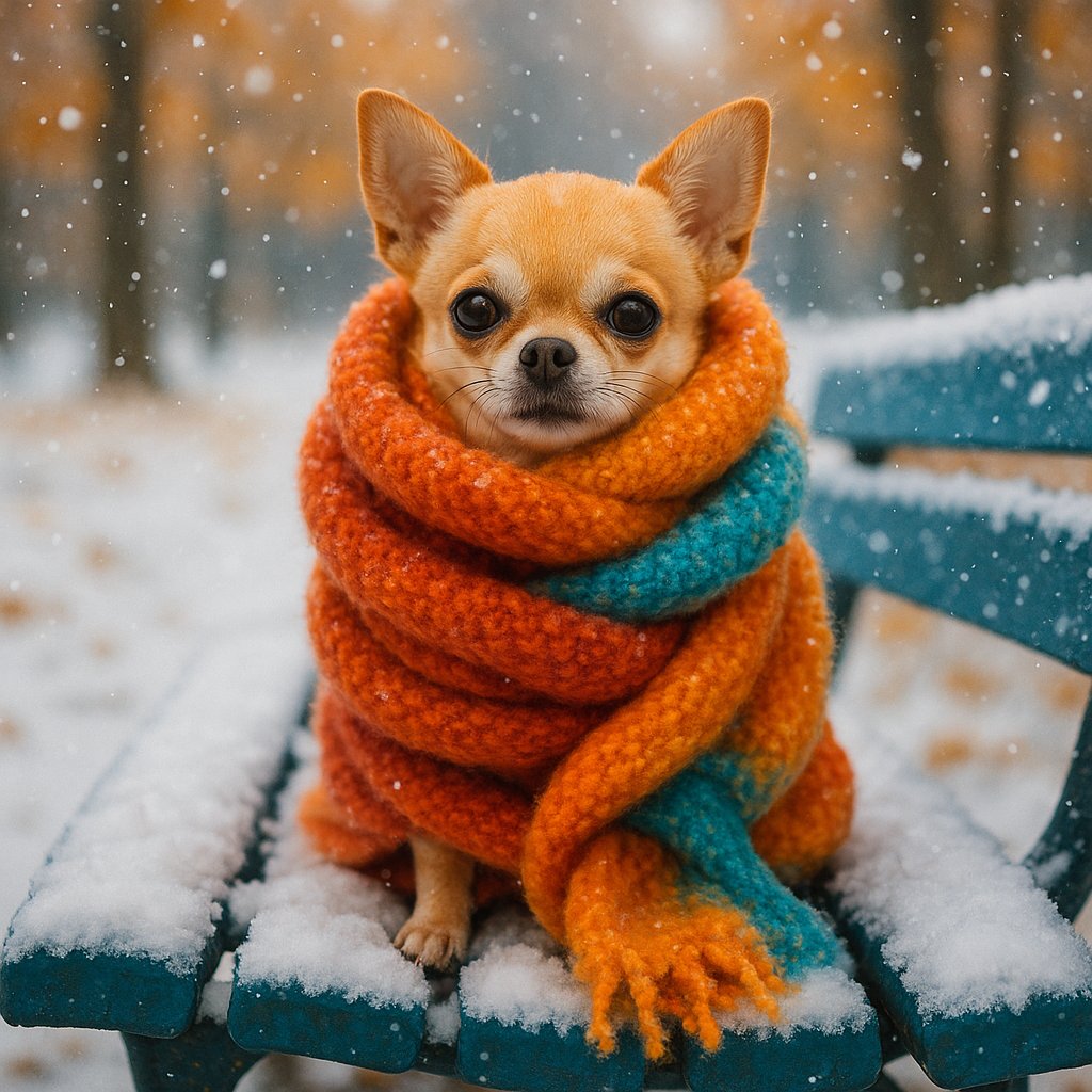 Cozy Chihuahua in a Fluffy Scarf on a Snowy Bench