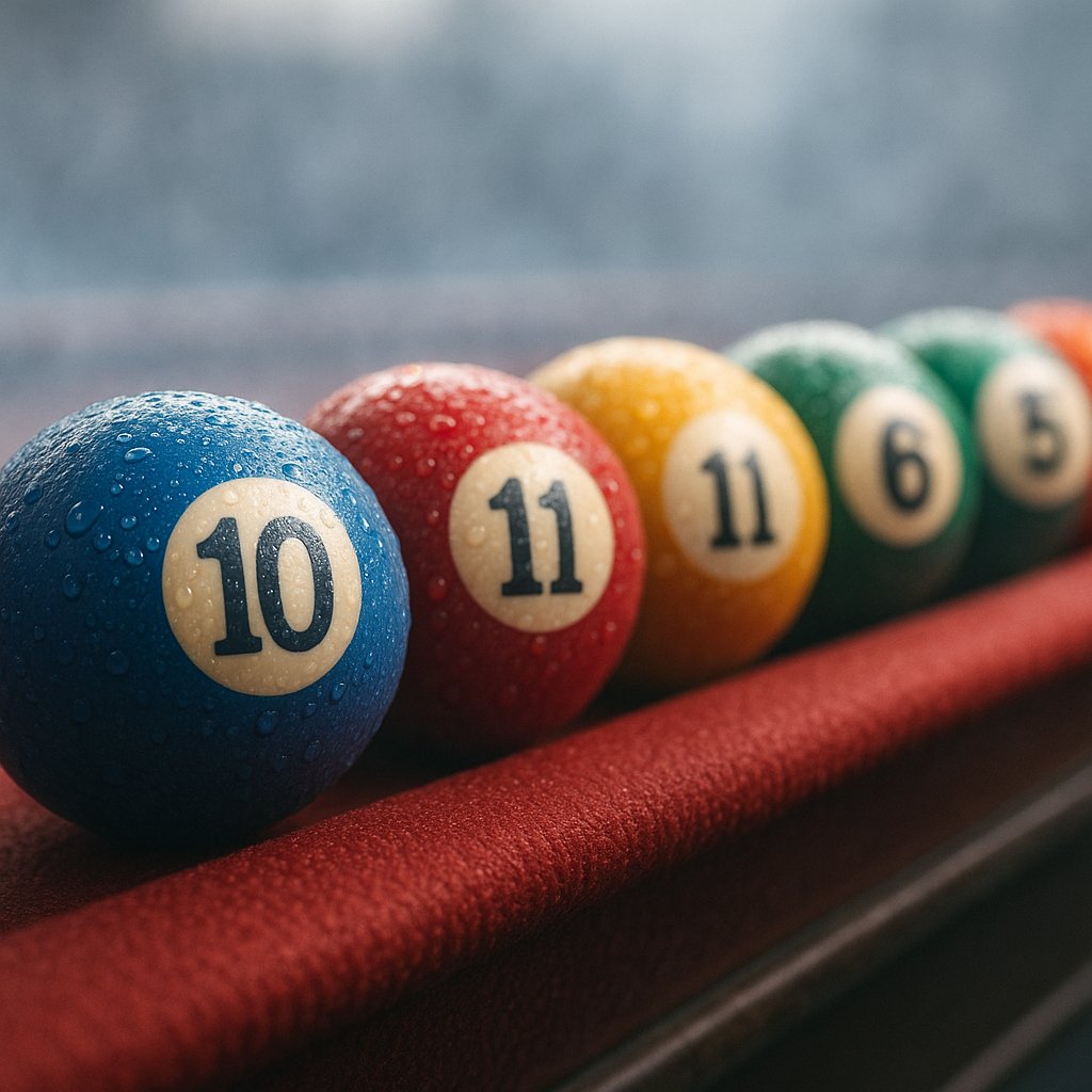 Dew‑Kissed Billiard Balls on Red Cushion