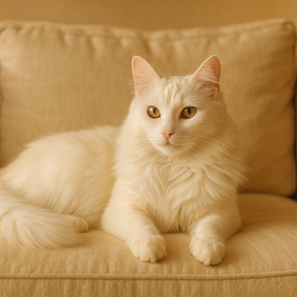 Golden-Glazed Turkish Angora on Cream Sofa
