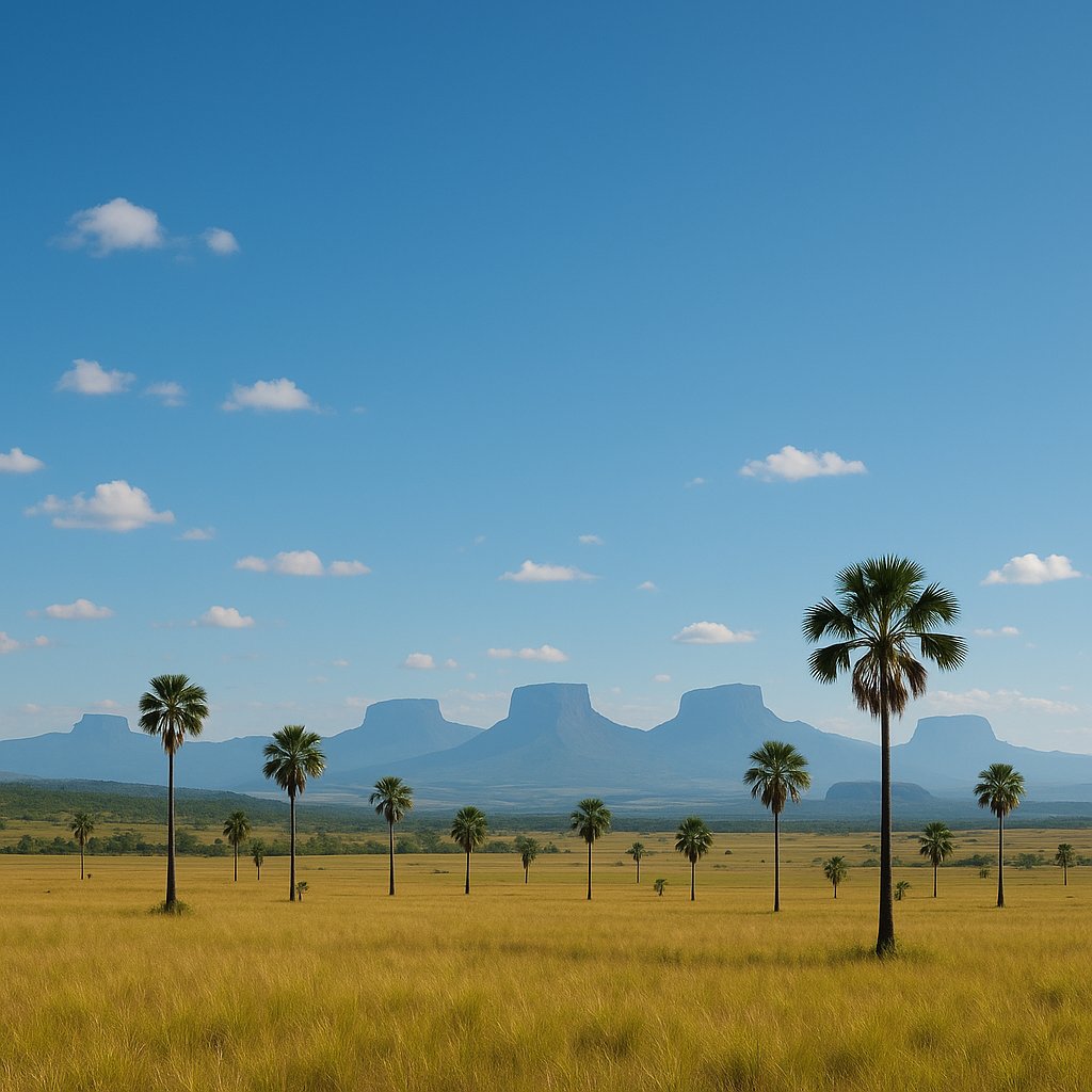 Gran Sabana Afternoon: Palms and Tepui Silhouettes