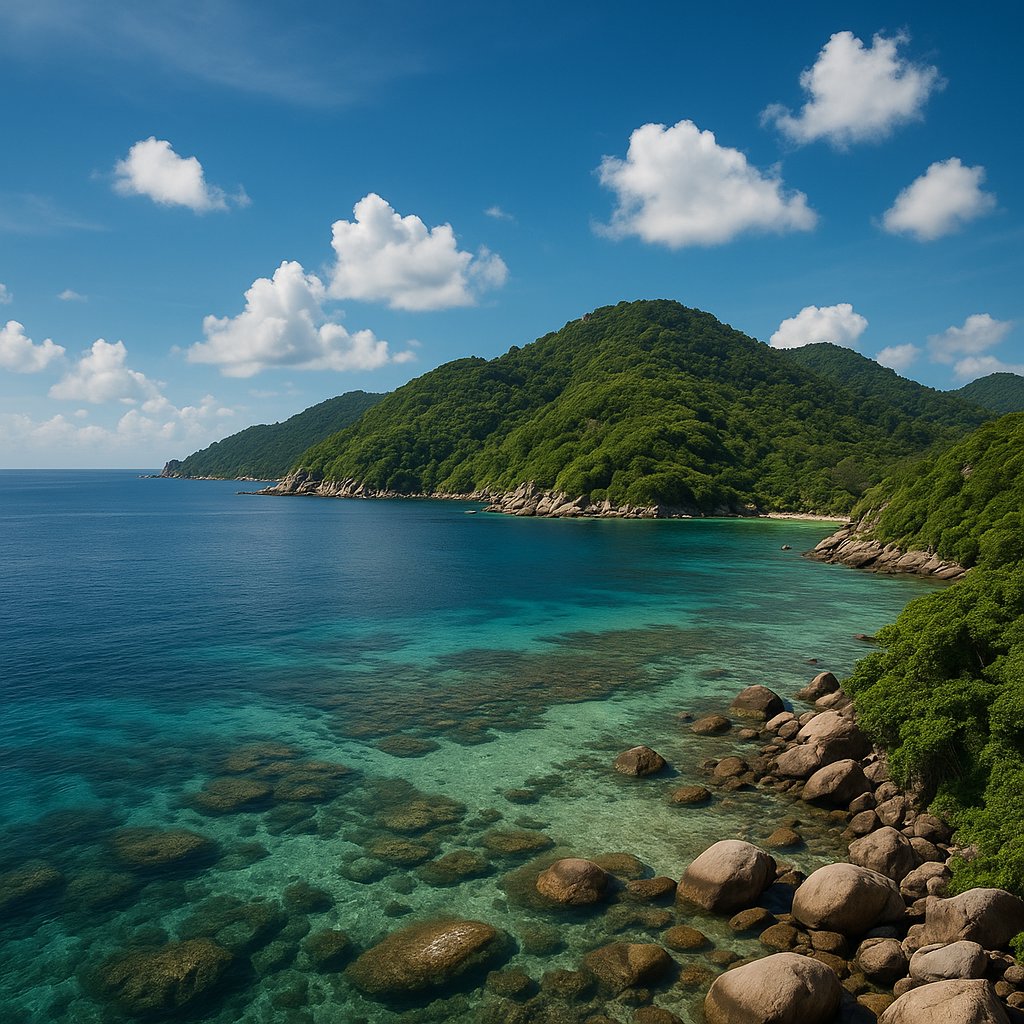 Koh Tao Coastal Panorama — Turquoise Reefs & Jungle Hills
