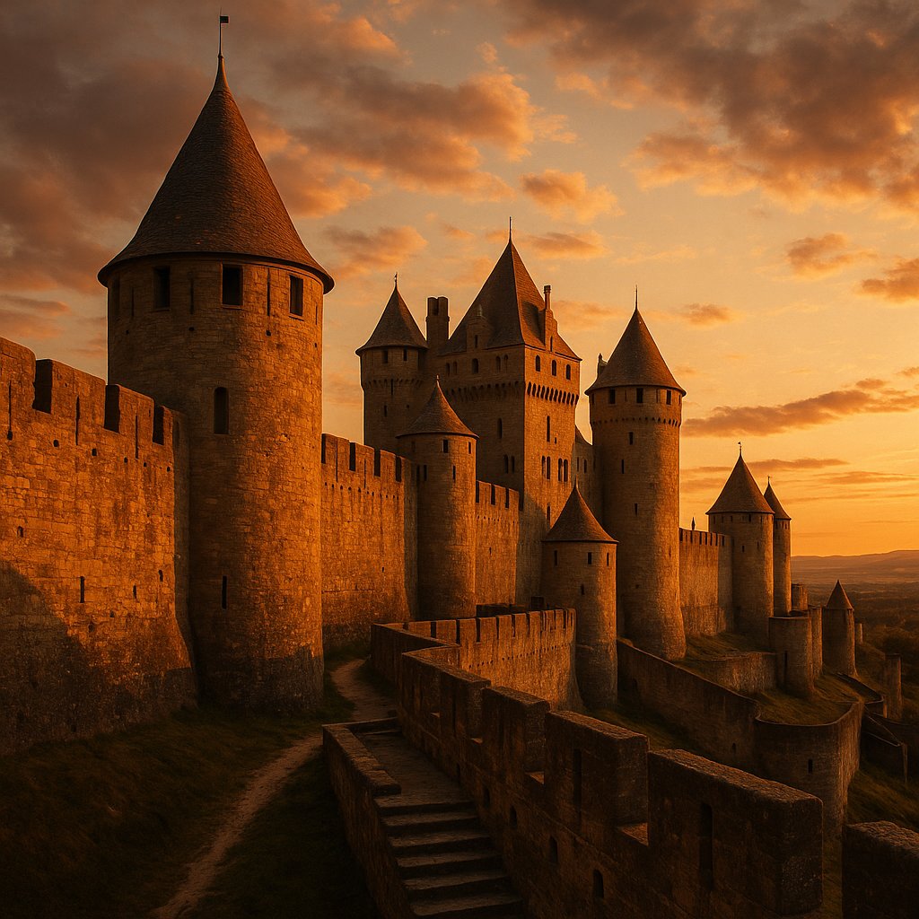 Sunset Over Carcassonne: Golden Medieval Ramparts