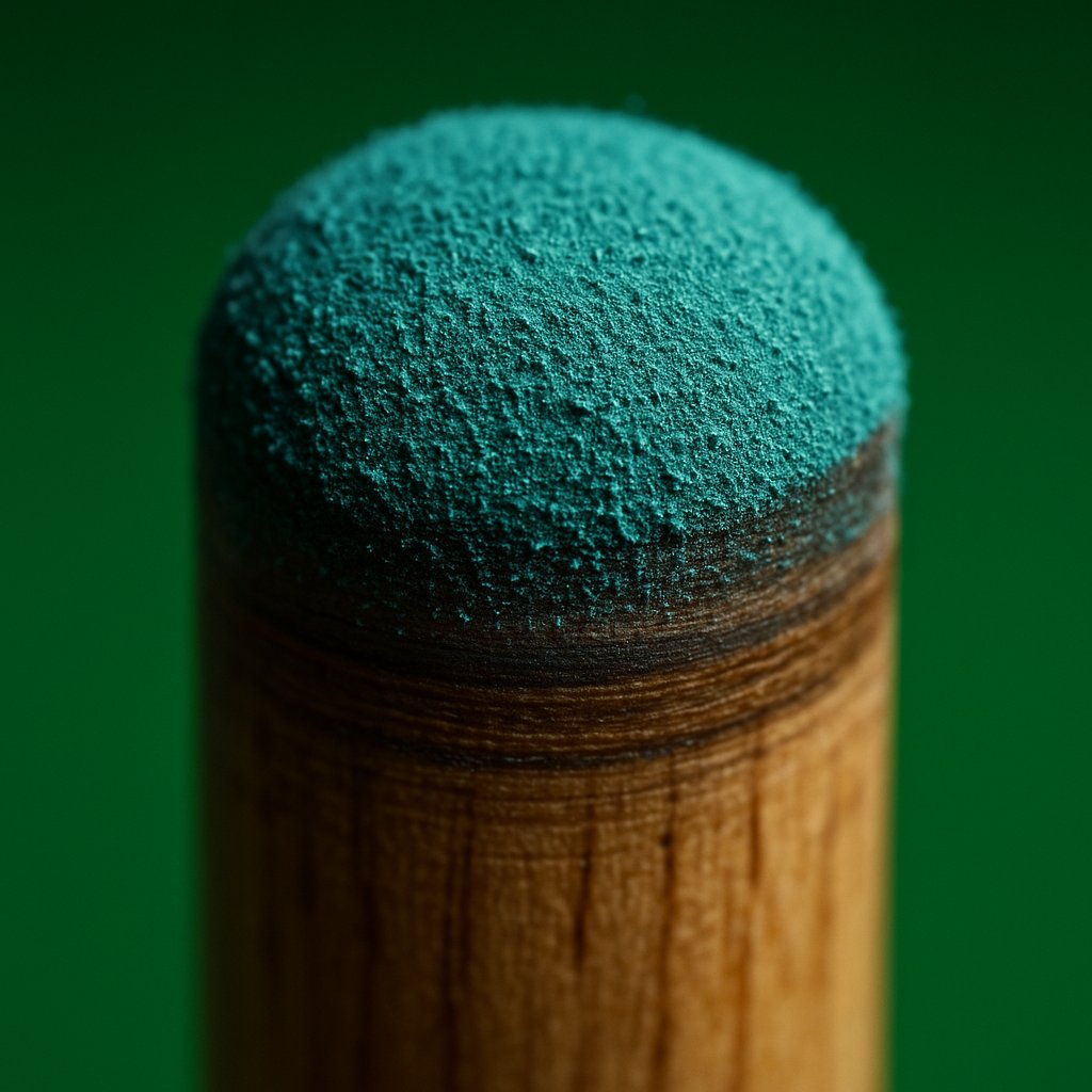 Teal Chalk Dust on Snooker Cue Tip — Macro