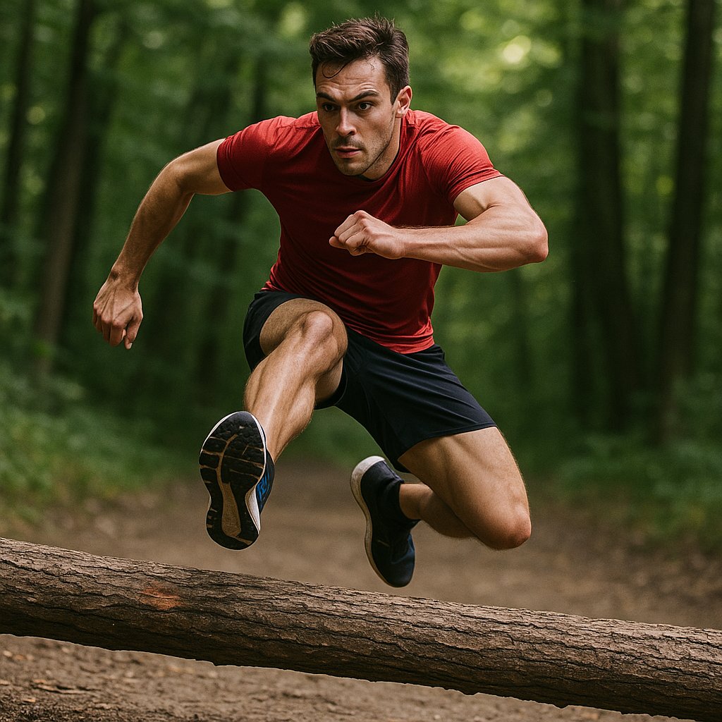 Trail Runner Hurdling Fallen Log