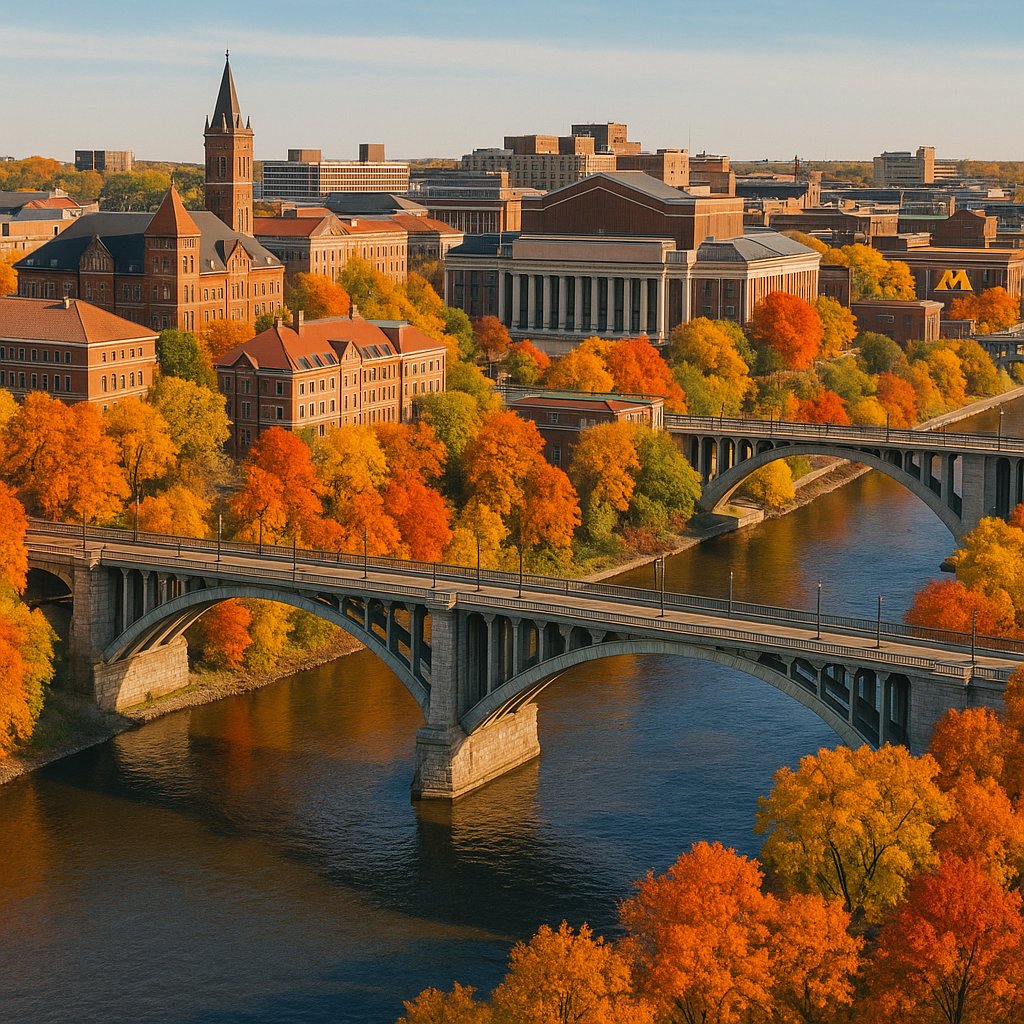 Khuôn viên Đại học Minnesota ven sông vào mùa thu
