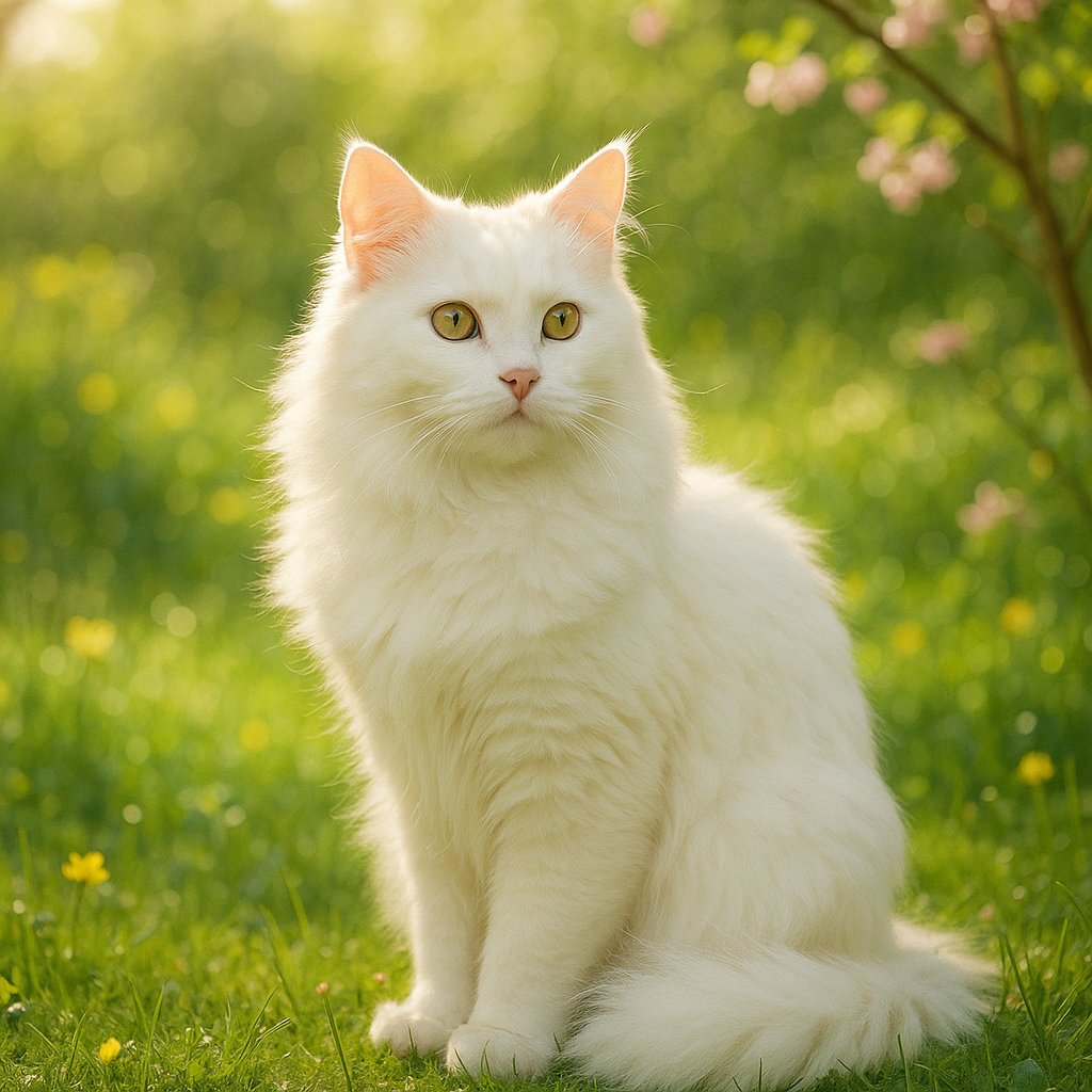 White Turkish Angora in a Sunlit Spring Garden