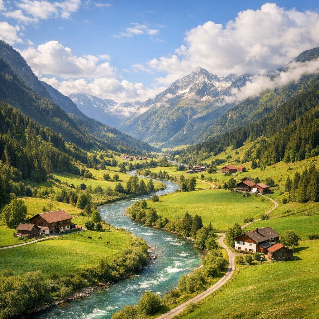 Alpine Valley Serenity: Winding River Through Austrian Pastures