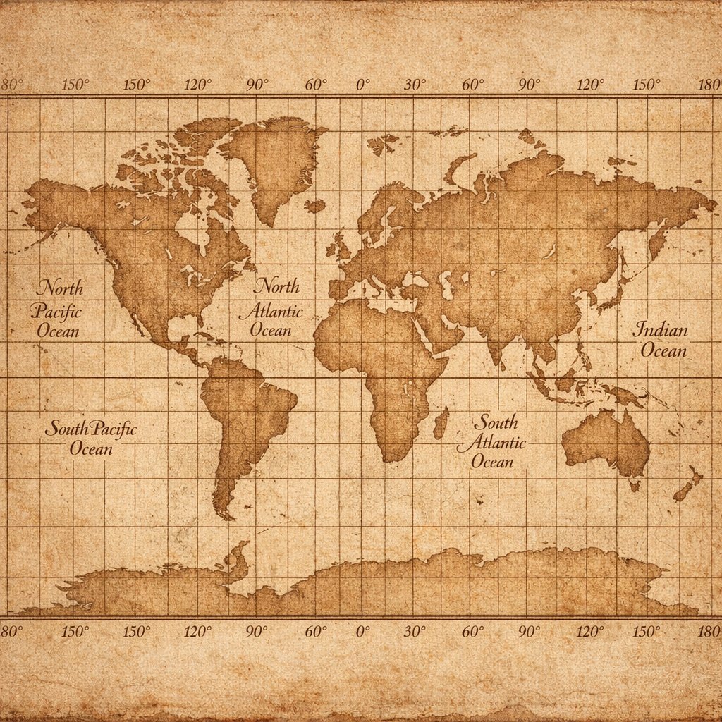 Antique World Map — Sepia Gridded Projection