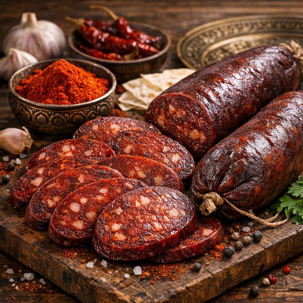 Sujuk Arménio (Sujuk) — Linguiça curada fatiada com glacê rico de páprica