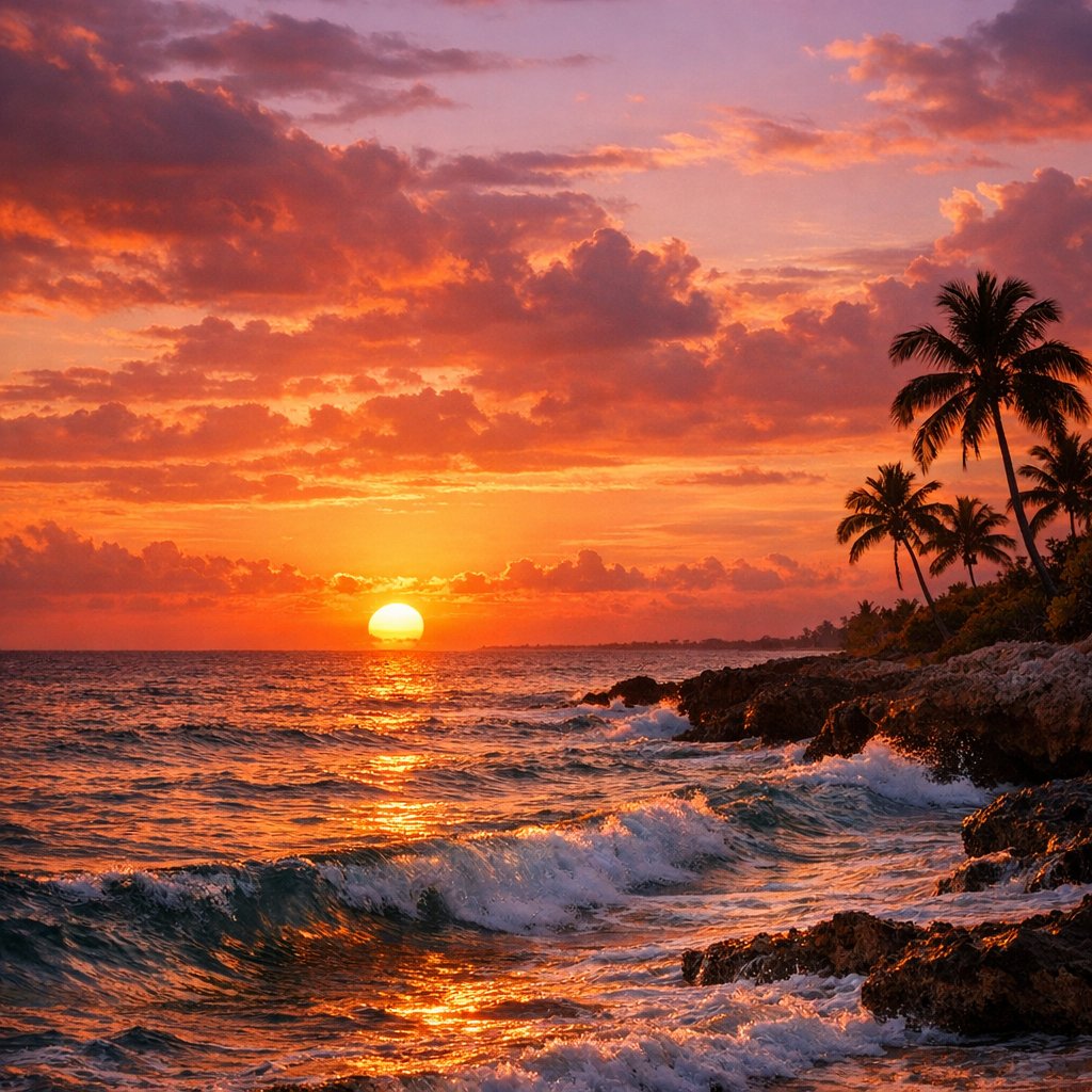 Cuban Caribbean Sunset Over Rocky Shore