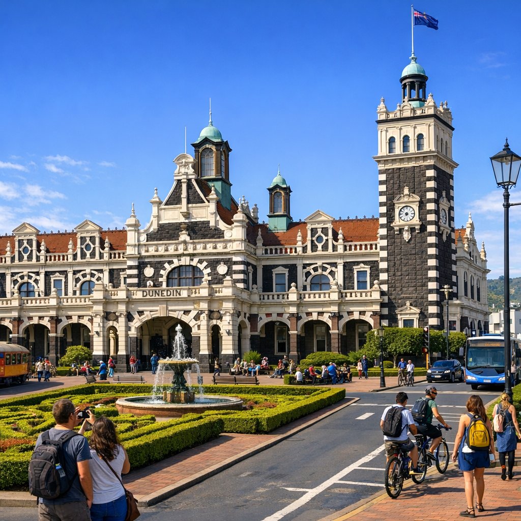 La gare de Dunedin lors d'une belle journée au ciel bleu