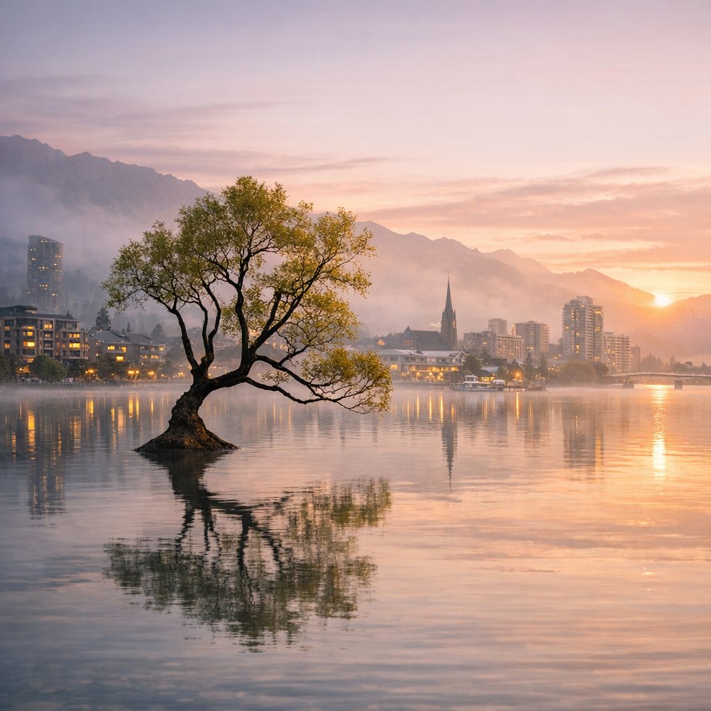 Lone Wanaka Tree at Dawn — Urban Edge Serenity