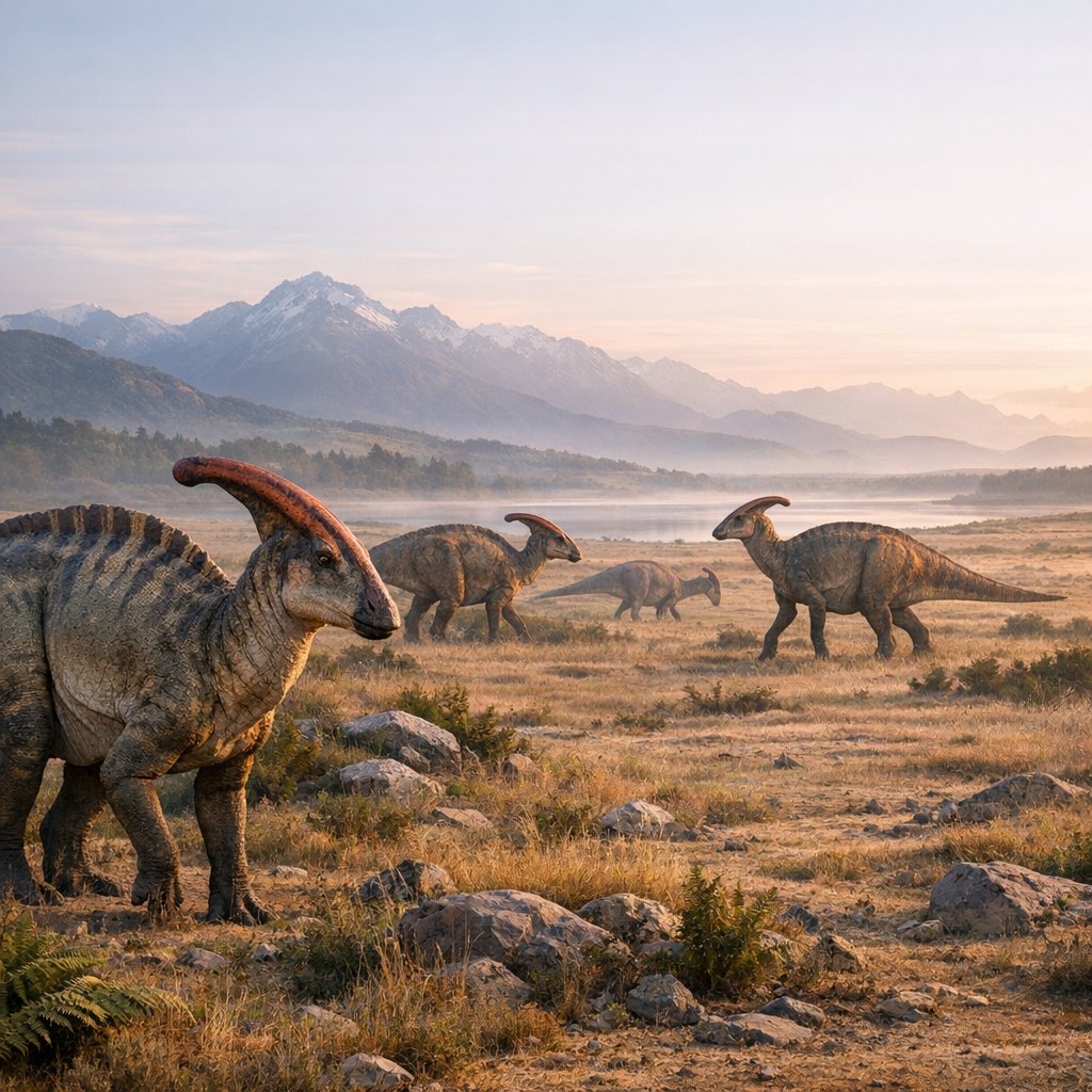 Morning Herd of Parasaurolophus on a Misty Plain