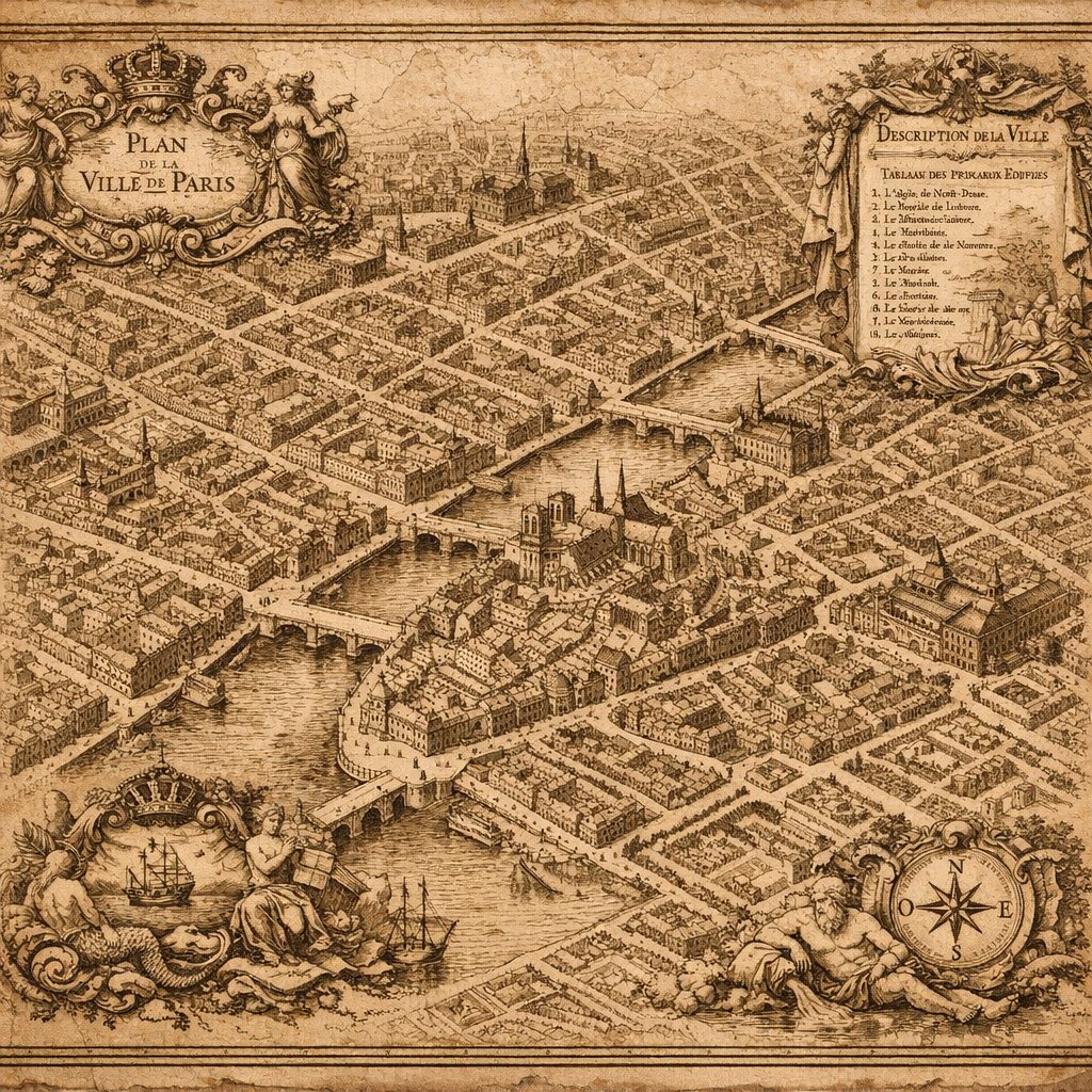 Plan de la Ville — Antique Bird's‑Eye Map (Sepia, 1700s Style)