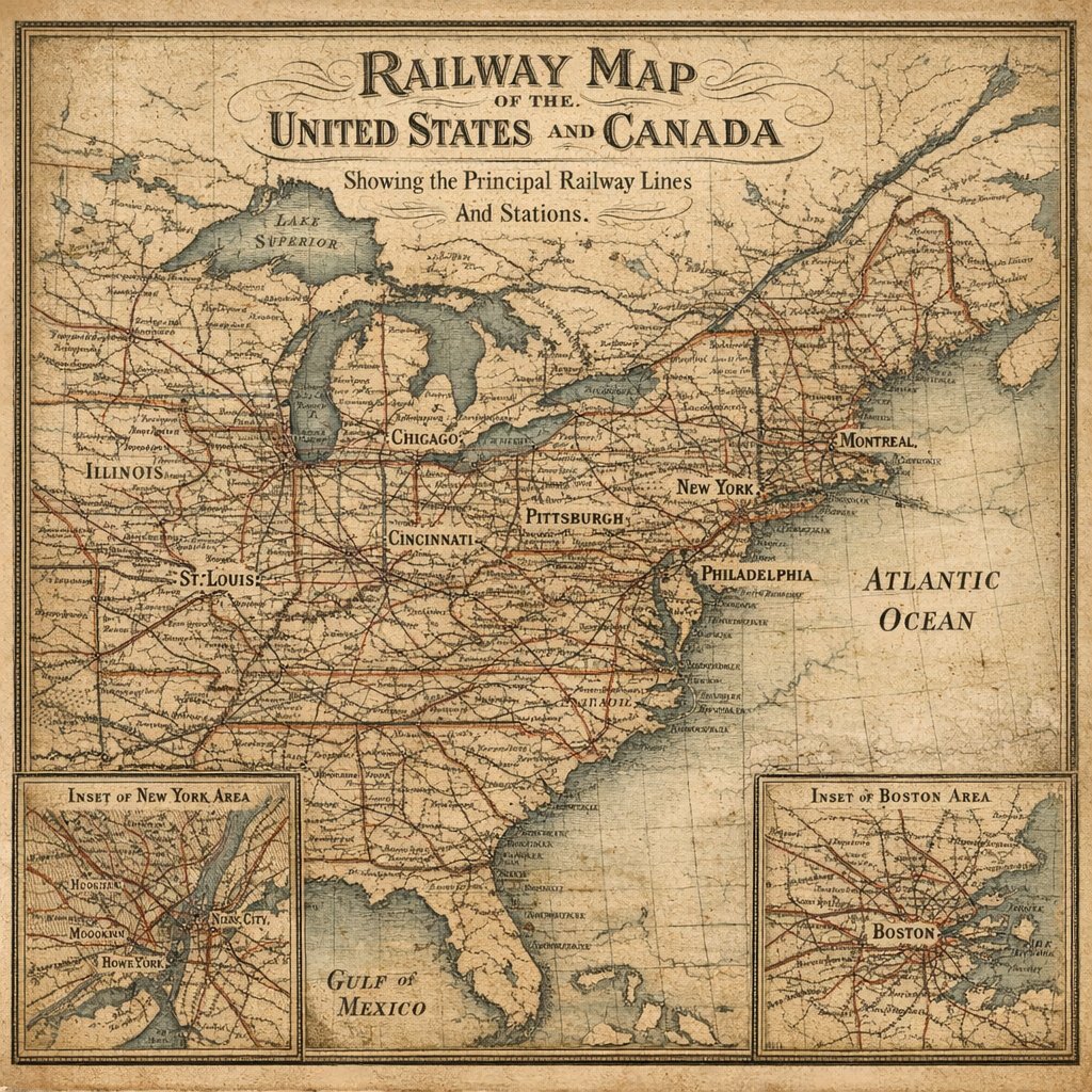 Railway Map of the United States and Canada (19th-Century Style)
