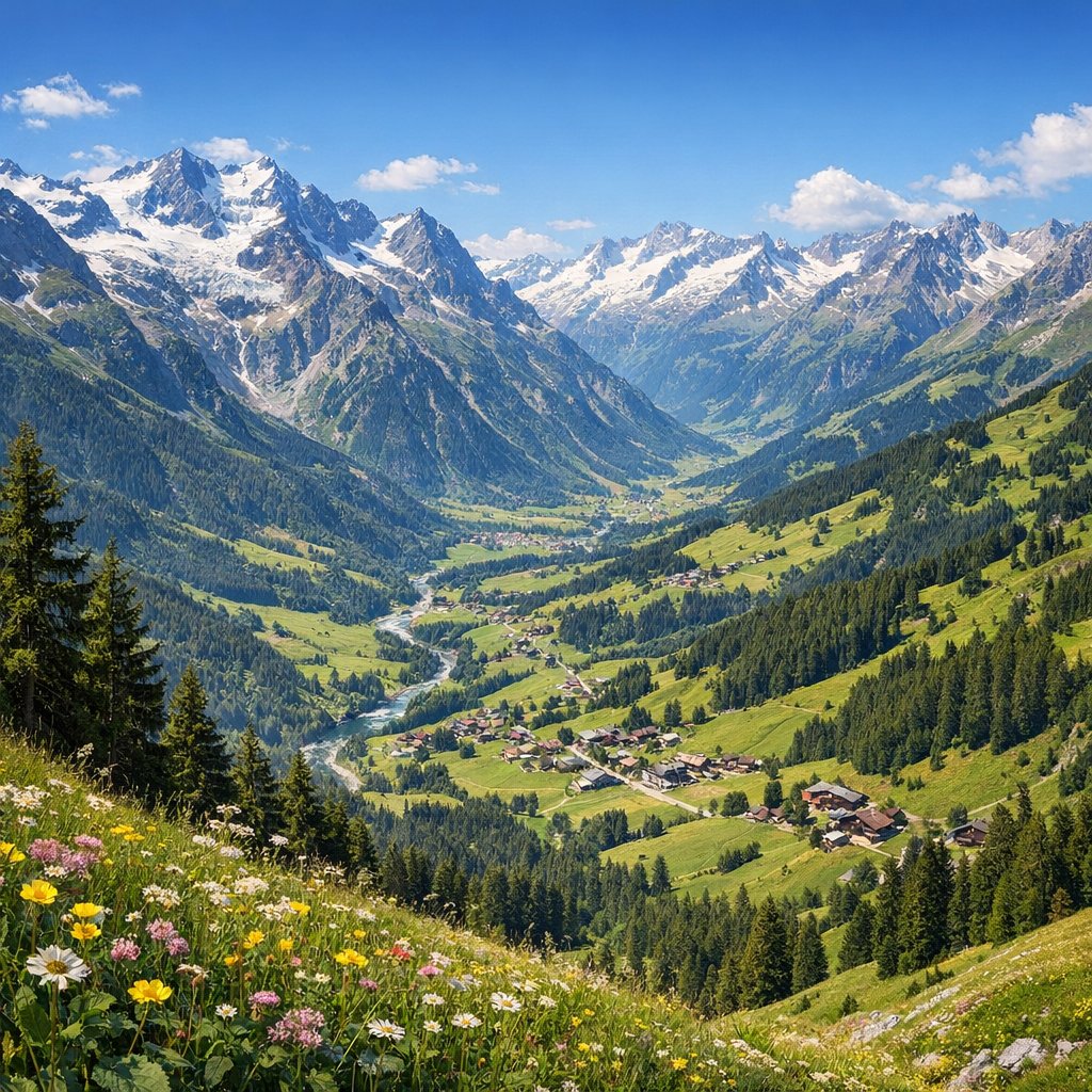 Summer Panorama of the Austrian Alps: Valley, Peaks and Wildflower Meadow