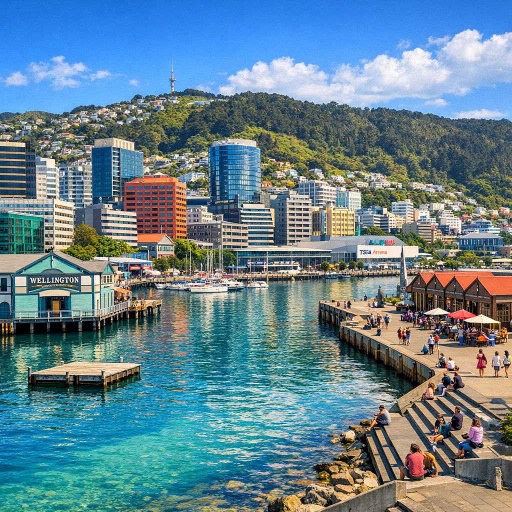 Sunlit Wellington Waterfront with City Hills
