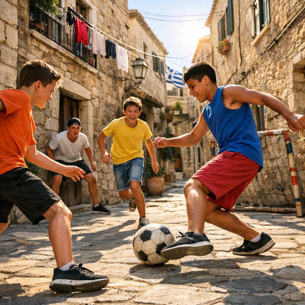 Straßenfußball am Nachmittag in einer mediterranen Gasse