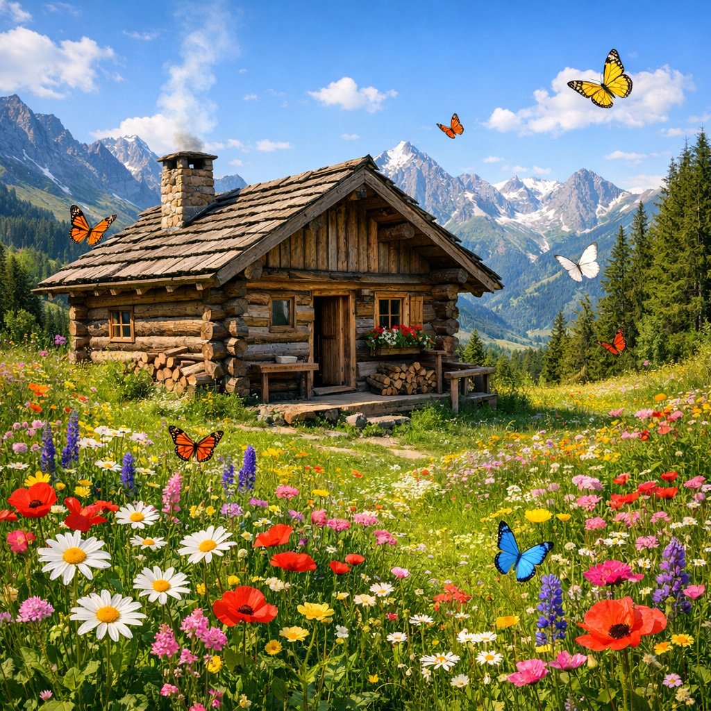 Alpine Log Cabin in a Wildflower Meadow