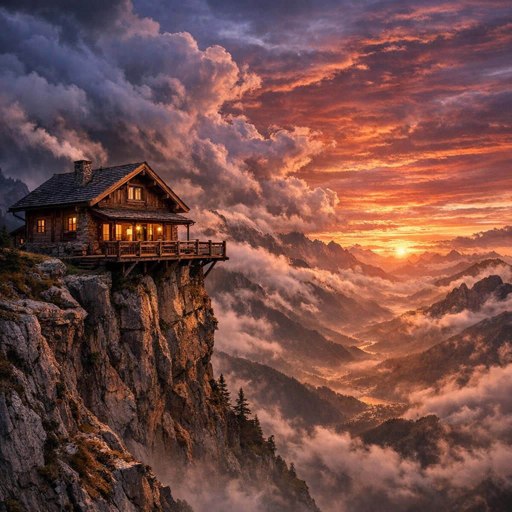 Cliffside Cabin at Sunset