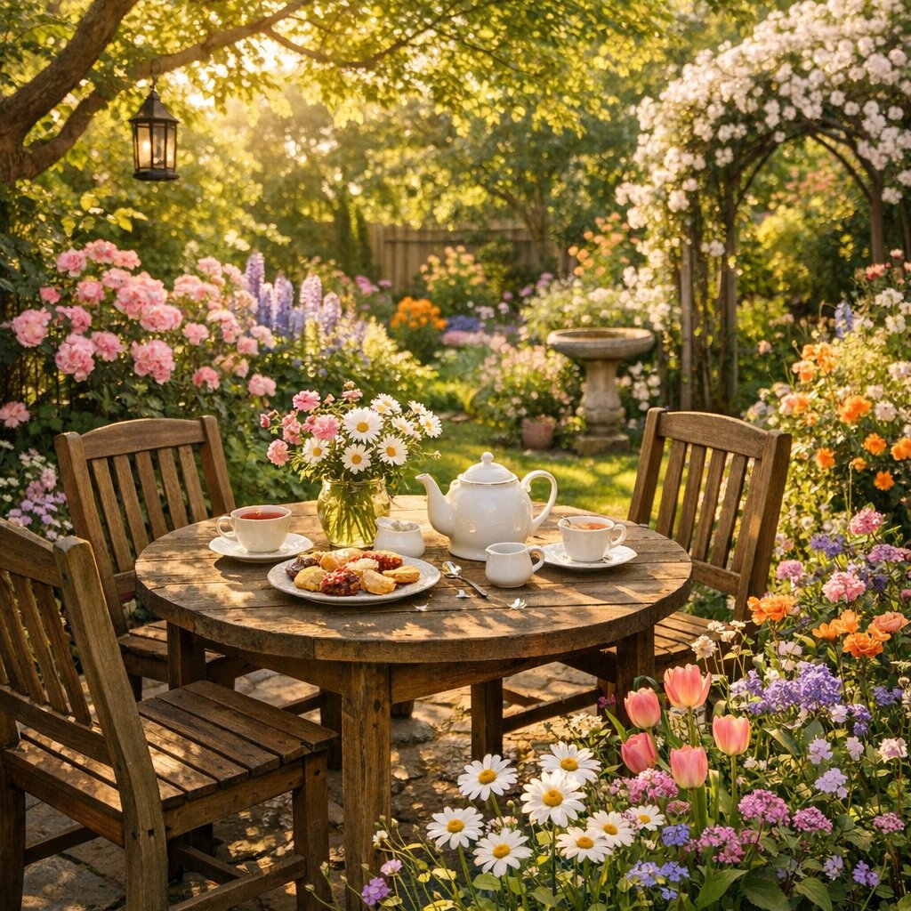Spring Tea in a Blooming Backyard Garden