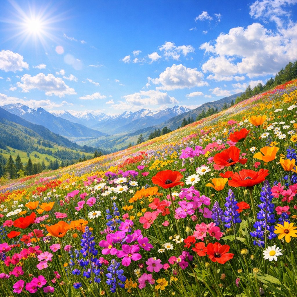 Sunlit Spring Hillside in Bloom