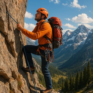 Climber Ascending a Rocky Cliff