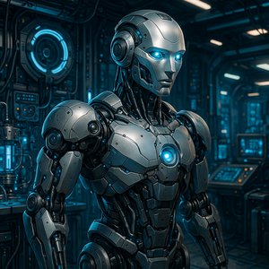 Futuristic Robot in High-Tech Lab