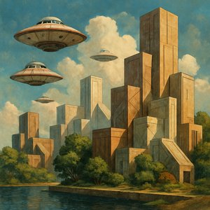 Ciudad sci‑fi geométrica