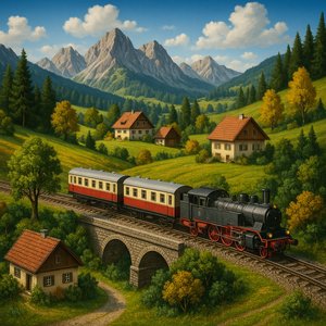 Miniature Train in Scenic Landscape