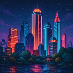 Neon-Skyline unter dem Sternenhimmel