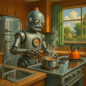 Chef robot retro en acción