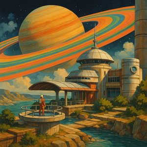 Retro Space Station with Planetary Rings