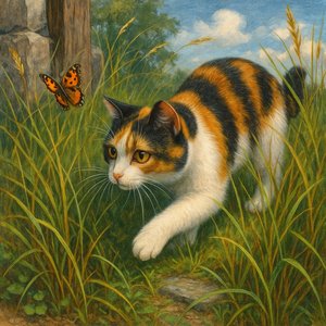 Calico Cat Stalking a Butterfly